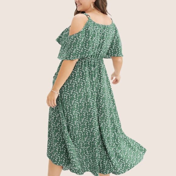 BloomChic Plus Size XL Ditsy Floral Pocket Wrap Cold Shoulder Ruffle Dress - Picture 2 of 4